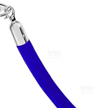 Sininen velour-rajausköysi, kromin värisillä heloilla.